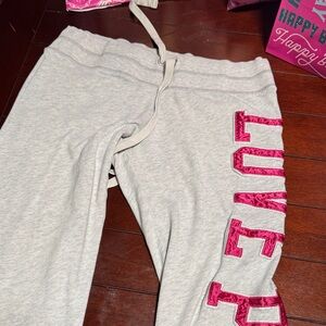 PINK Victoria's Secret Light Gray Joggers with Pink Lettering